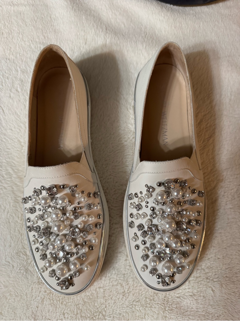Stuart Weitzman "Decor" Pearl and Crystal Embellished Slip-On Sneakers.